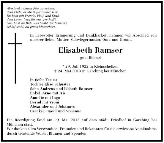 Biemel Elisabeth 1922-2013 Todesanzeige